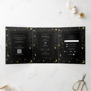 Invitation Trois Volets Black & Gold Moderne Lune Céleste Étoiles Mariage
