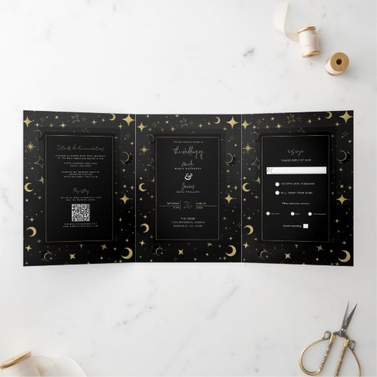 Invitation Trois Volets Black & Gold Moderne Lune Céleste Étoiles Mariage (Intérieur)