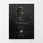 Invitation Trois Volets Black & Gold Moderne Lune Céleste Étoiles Mariage (Page de couverture)