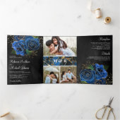 Invitation Trois Volets Black Gold Royal Blue Floral Photo Collage Mariage (Intérieur)