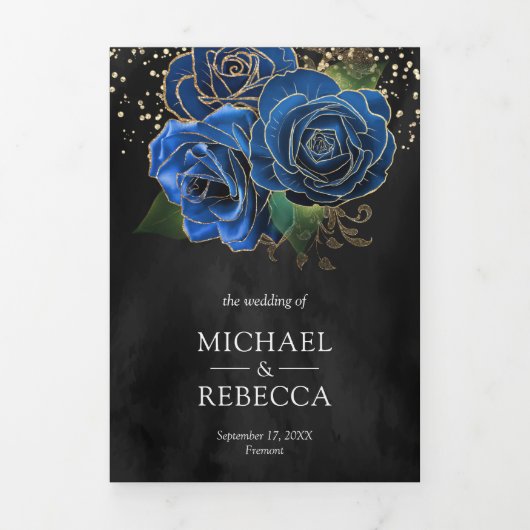 Invitation Trois Volets Black Gold Royal Blue Floral Photo Collage Mariage (Page de couverture)
