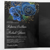 Invitation Trois Volets Black Gold Royal Blue Floral Photo Collage Mariage (Intérieur en premier)