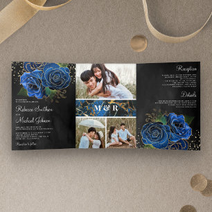 Invitation Trois Volets Black Gold Royal Blue Floral Photo Collage Mariage