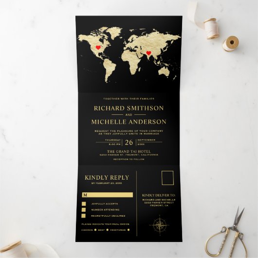 Invitation Trois Volets Black Gold World Map All in One Wedding (Intérieur)