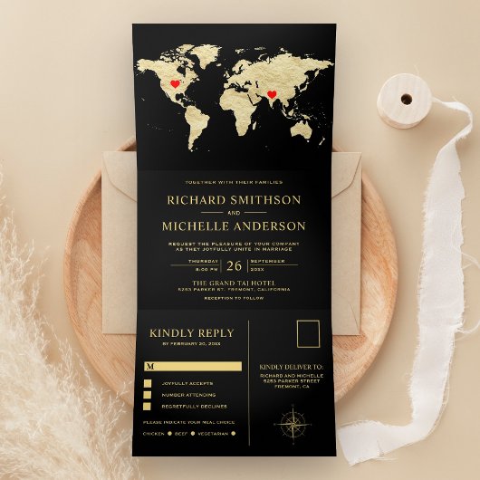 Invitation Trois Volets Black Gold World Map All in One Wedding