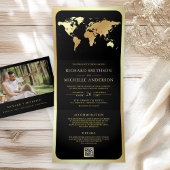 Invitation Trois Volets Black Gold World Map QR Code Photo Wedding