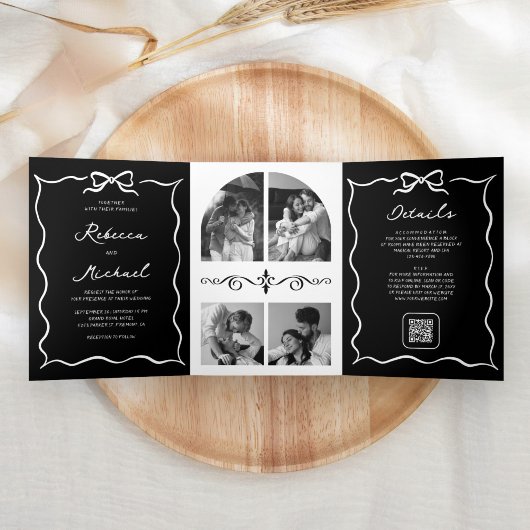 Invitation Trois Volets Black Hand Drawn White Bow QR Code Photo Wedding