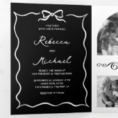 Invitation Trois Volets Black Hand Drawn White Bow QR Code Photo Wedding (Intérieur en premier)