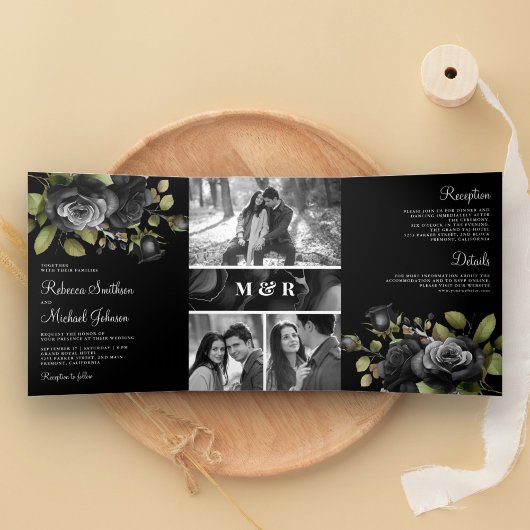 Invitation Trois Volets Black Rose Floral Photo Collage Mariage gothique