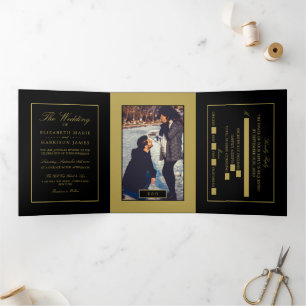 Invitation Trois Volets Black & Soft Gold moderne, Suite Mariage