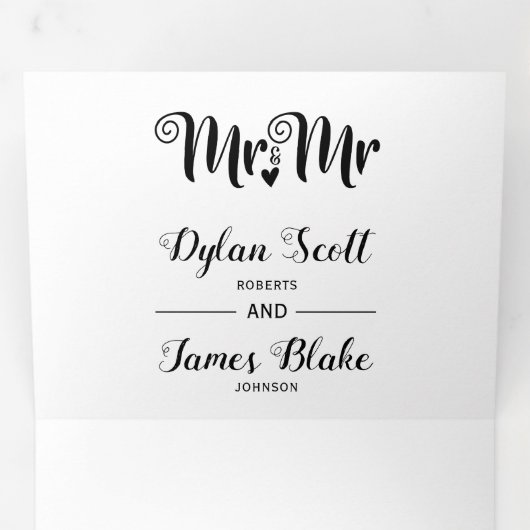 Invitation Trois Volets Black tuxedo Mr and Mr two grooms gay wedding (Intérieur en premier)
