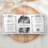 Invitation Trois Volets Black & White Hand Drawn Bow QR Code Photo Wedding