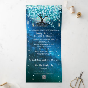 Invitation Trois Volets Bleu Aqua Turquoise Cœur Feuille Arbre Mariage Tri