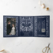 Invitation Trois Volets Bleu Argent Royal Médiéval Mariage QR Code (Intérieur)