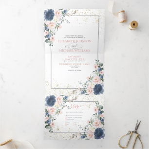 Invitation Trois Volets Bleu clair bleu rose rose or Mariage Tr