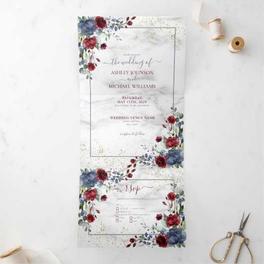 Invitation Trois Volets Bleu clair Bourgogne Mariage floral (Intérieur)