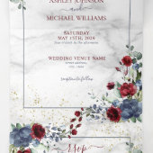 Invitation Trois Volets Bleu clair Bourgogne Mariage floral (Intérieur au milieu)