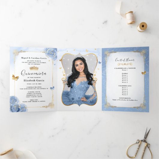 Invitation Trois Volets Bleu clair et or élégant espagnol photo coing (Intérieur)