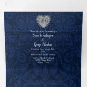 Invitation Trois Volets Bleu Damas Coeur d'argent tout en un Mariage (Intérieur en premier)