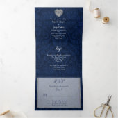 Invitation Trois Volets Bleu Damas Coeur d'argent tout en un Mariage (Intérieur)