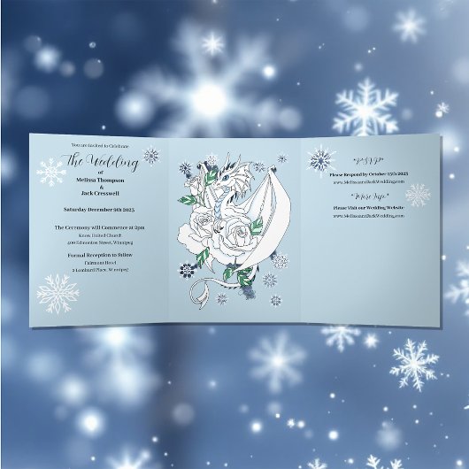 Invitation Trois Volets Bleu des flocons de neige du dragon blanc d'hiver