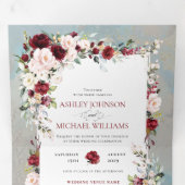 Invitation Trois Volets Bleu Dusty Burgundy Blush Floral Photo (Intérieur en premier)