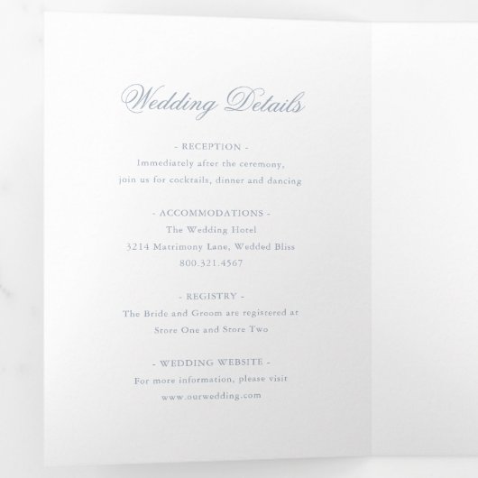 Invitation Trois Volets Bleu Dusty Traditionnel Mariage Élégant (Intérieur en premier)