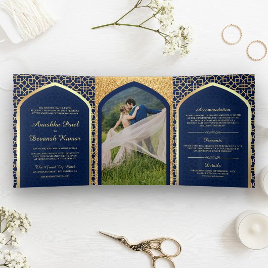 Invitation Trois Volets Bleu et or Bollywood Style Mariage indien