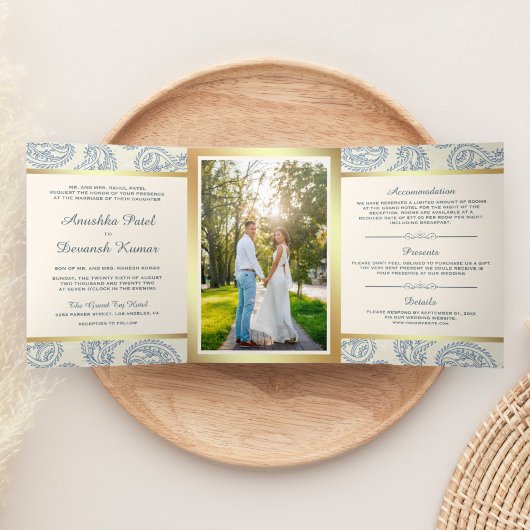 Invitation Trois Volets Bleu et or Paisley Mariage de style indien