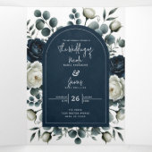 Invitation Trois Volets Bleu foncé et blanc Moderne Floral Mariage (Intérieur au milieu)