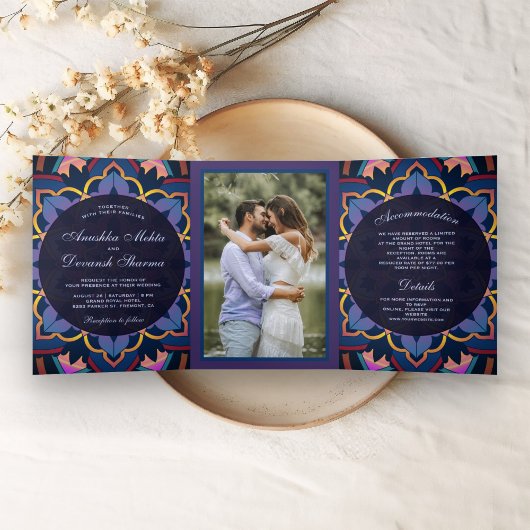 Invitation Trois Volets Bleu jaune violet Mandala Mariage indien Photo