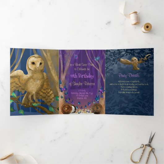 Invitation Trois Volets Bleu, Papillons pourpres, Chouettes, Forêt Enchant (Intérieur)