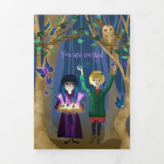 Invitation Trois Volets Bleu, Papillons pourpres, Chouettes, Forêt Enchant (Page de couverture)