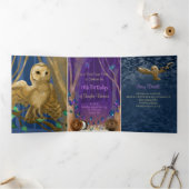 Invitation Trois Volets Bleu, Papillons Violets, Hiboux, Forêt Enchantée (Intérieur)