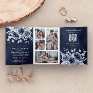 Invitation Trois Volets Bleu Poussiéreux Floral Combinaison QR Code Mariag