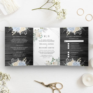 Invitation Trois Volets Bleu Poussiéreux Floral Ivoire Tout en Un Bois Mar