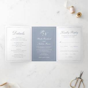 Invitation Trois Volets Bleu Poussiéreux Mariage Classique Élégant