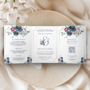 Invitation Trois Volets Bleu poussiéreux Mauve Violet Floral Ampersand Mar