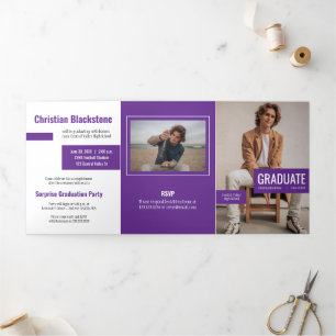 Invitation Trois Volets Blocs de pourpre Quatre-Photo Graduation