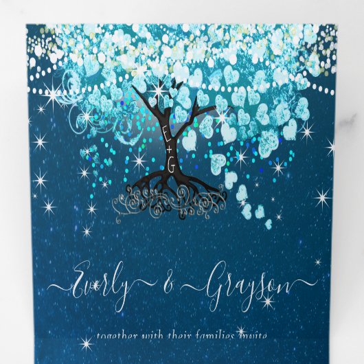 Invitation Trois Volets Blue Aqua Turquoise Heart Leaf Tree Mariage (Intérieur en premier)