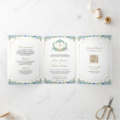 Invitation Trois Volets Blue Floral Gold Croix catholique QR Code Mariage (Intérieur)
