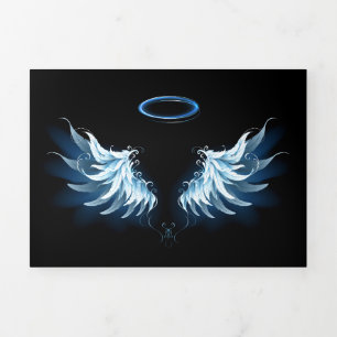 Invitation Trois Volets Blue Glowing Angel Wings on black background