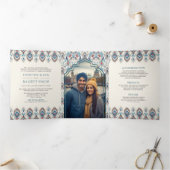 Invitation Trois Volets Blue Grey Ikat All in One Anand Karaj Sikh Mariage (Intérieur)