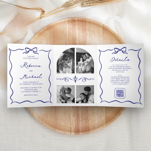 Invitation Trois Volets Blue Hand Drawn Bow QR Code Photo Wedding