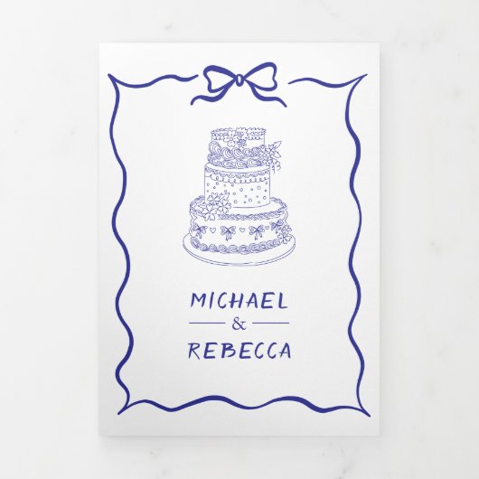 Invitation Trois Volets Blue Hand Drawn Bow QR Code Photo Wedding (Page de couverture)