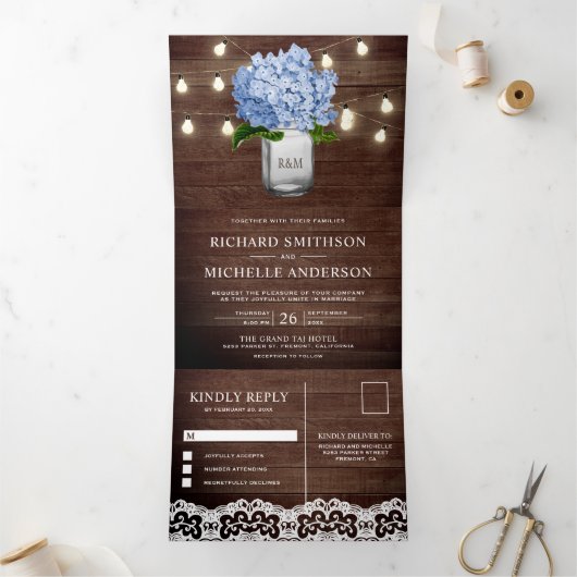 Invitation Trois Volets Blue Hydrangea Mason Jar String Mariage (Intérieur)