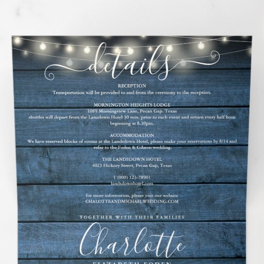 Invitation Trois Volets Blue Rustic String Lumières Mason Jars Mariage pho (Intérieur en premier)