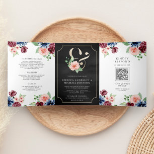 Invitation Trois Volets Blush Navy Bourgogne Floral Noir QR Code Mariage