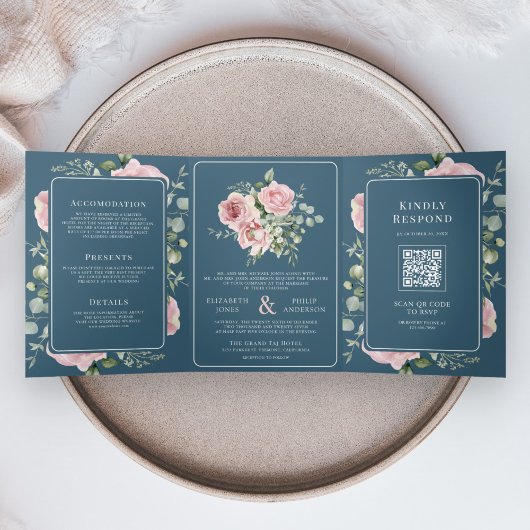 Invitation Trois Volets Blush Pink Floral Eucalyptus Dusty Blue Wedding