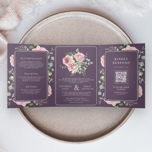 Invitation Trois Volets Blush Pink Floral Eucalyptus Dusty Purple Wedding